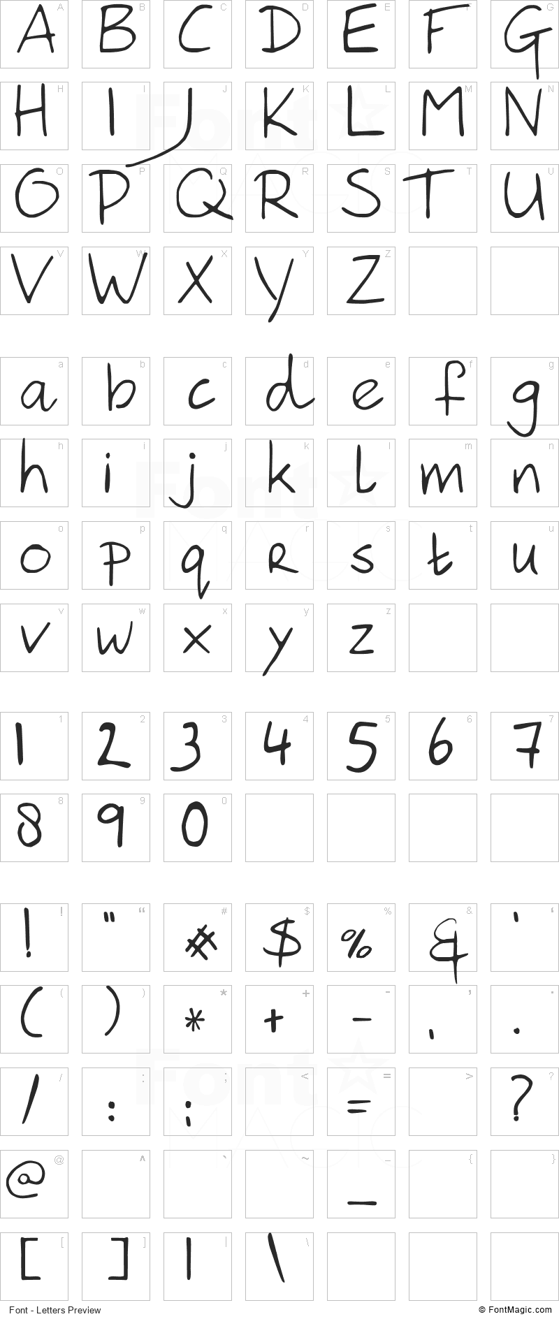 Hanoded Hand Font - All Latters Preview Chart
